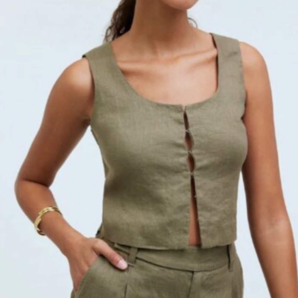 Madewell Ali Refined Line Scoopneck Crop Tank 100% Linen Olive - 2